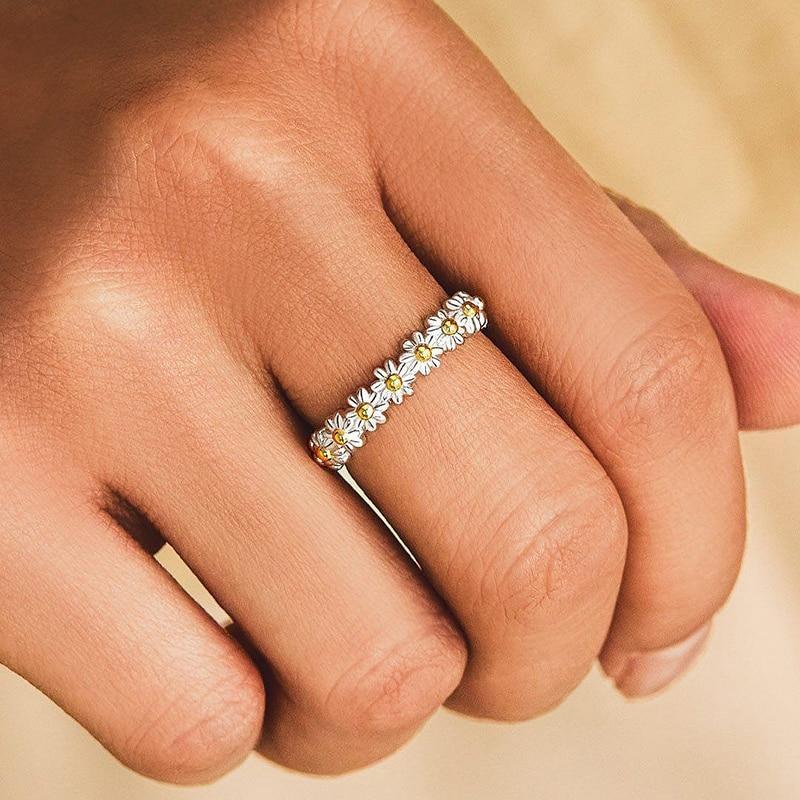 Bague Marguerite en Argent Ajustable et Émail Peint à la Main
