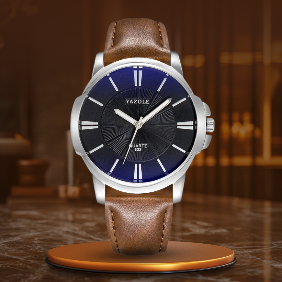 Montre de Luxe en Verre Bleu et Cuir