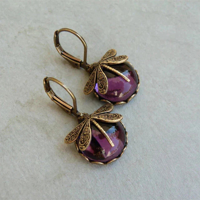 Boucles d'Oreilles en Libellule Sphérique en Or Ancien