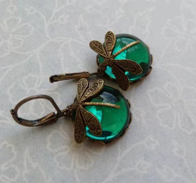Boucles d'Oreilles en Libellule Sphérique en Or Ancien