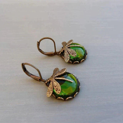 Boucles d'Oreilles en Libellule Sphérique en Or Ancien