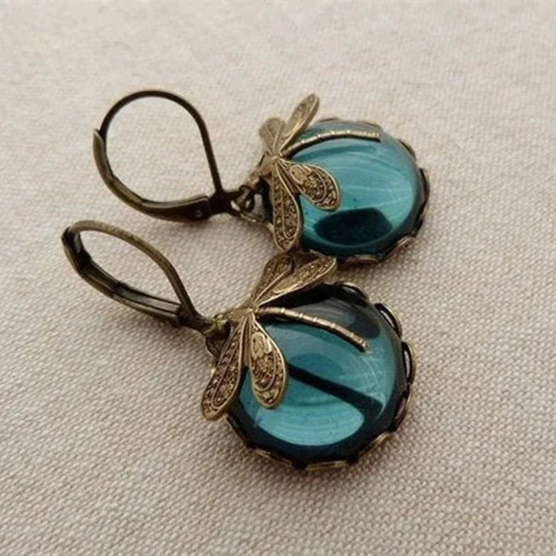 Boucles d'Oreilles en Libellule Sphérique en Or Ancien