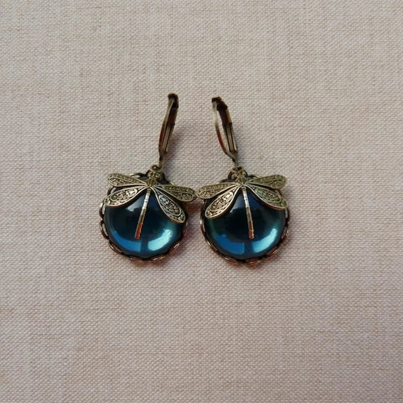 Boucles d'Oreilles en Libellule Sphérique en Or Ancien