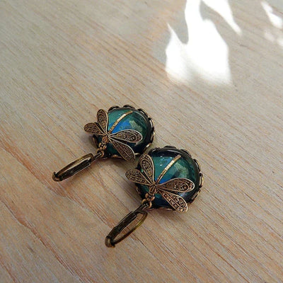 Boucles d'Oreilles en Libellule Sphérique en Or Ancien