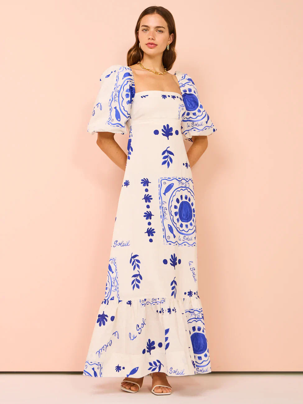 Robe longue à motifs aztèques en lin "Nina"