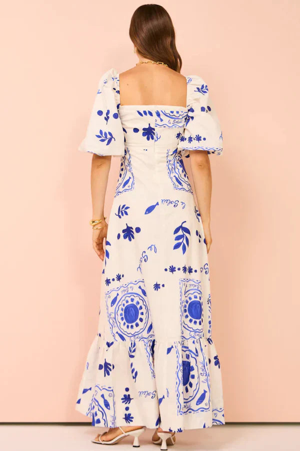 Robe longue à motifs aztèques en lin "Nina"