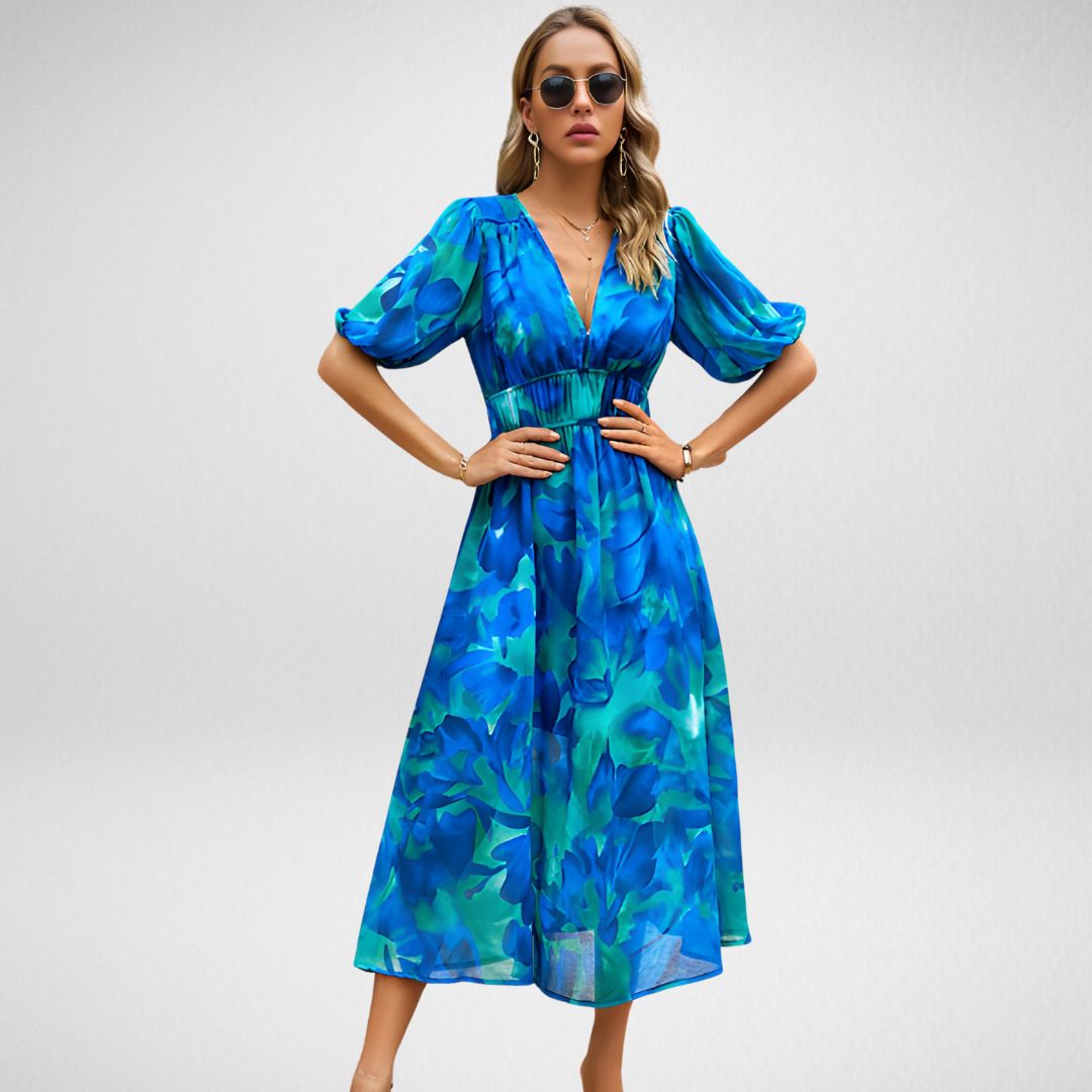 ABBY™ | ROBE ÉLÉGANTE À COL EN V AVEC MOTIFS VIBRANTS