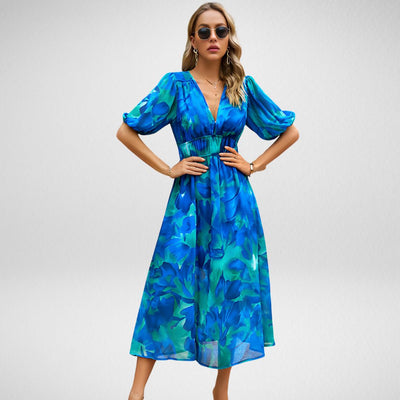 ABBY™ | ROBE ÉLÉGANTE À COL EN V AVEC MOTIFS VIBRANTS
