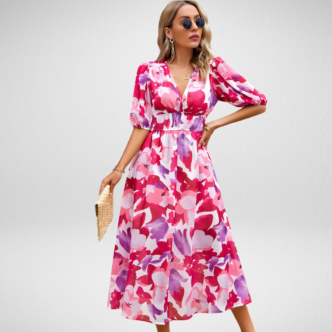 ABBY™ | ROBE ÉLÉGANTE À COL EN V AVEC MOTIFS VIBRANTS