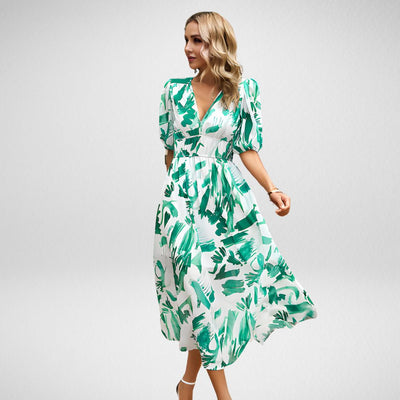 ABBY™ | ROBE ÉLÉGANTE À COL EN V AVEC MOTIFS VIBRANTS