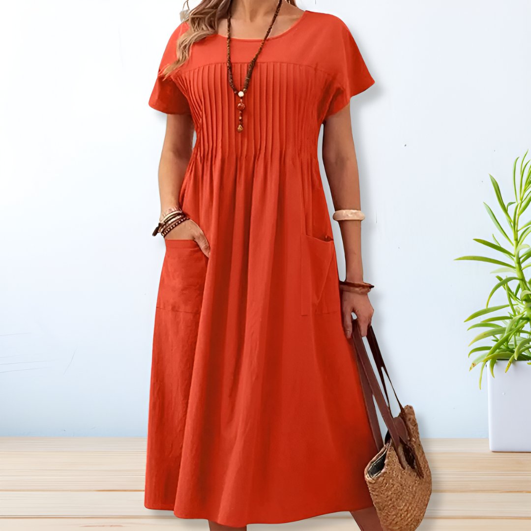Leonie | Robe Midi avec Poches Plissées