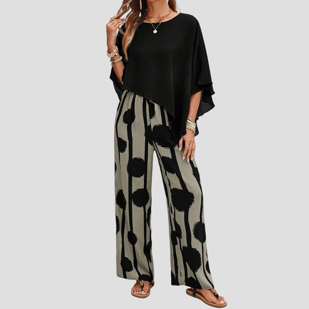 Milavie™ | Ensemble femme à la mode avec top asymétrique et pantalon imprimé