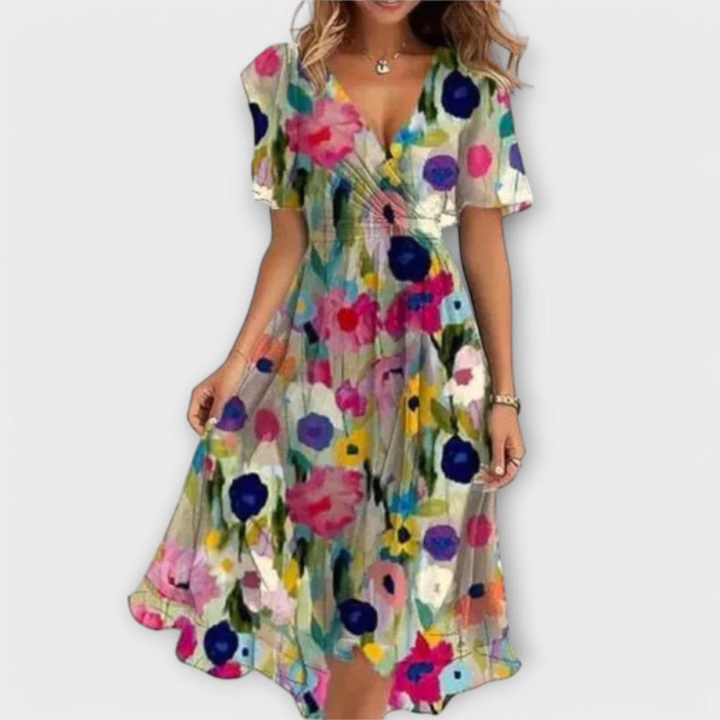 Annegret | Robe Midi Enveloppante Florale avec Décolleté en V