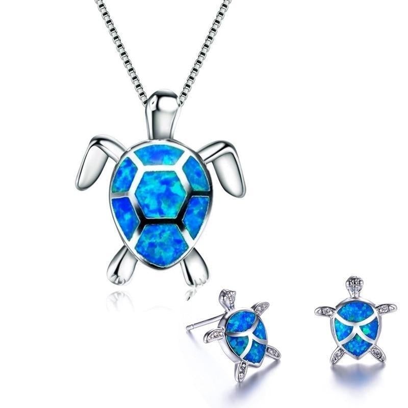 Collier et Boucles d'Oreilles en Tortue Marine en Opale et Argent