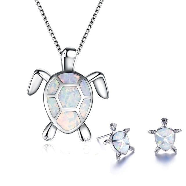 Collier et Boucles d'Oreilles en Tortue Marine en Opale et Argent