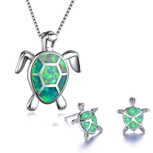 Collier et Boucles d'Oreilles en Tortue Marine en Opale et Argent