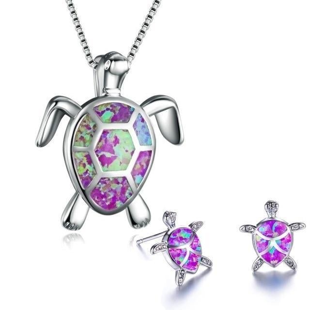 Collier et Boucles d'Oreilles en Tortue Marine en Opale et Argent
