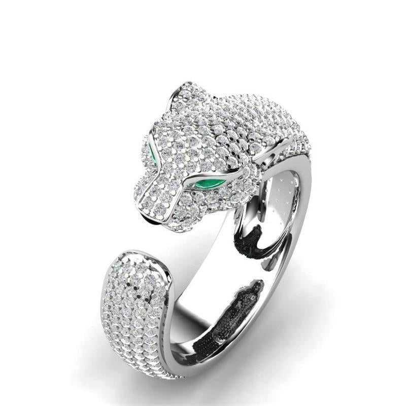 Bague Ajustable de Jaguar en Argent 18K et Or Rose avec Yeux en Zirconia Vert