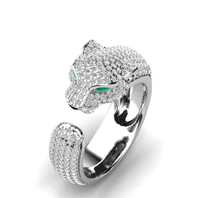 Bague Ajustable de Jaguar en Argent 18K et Or Rose avec Yeux en Zirconia Vert