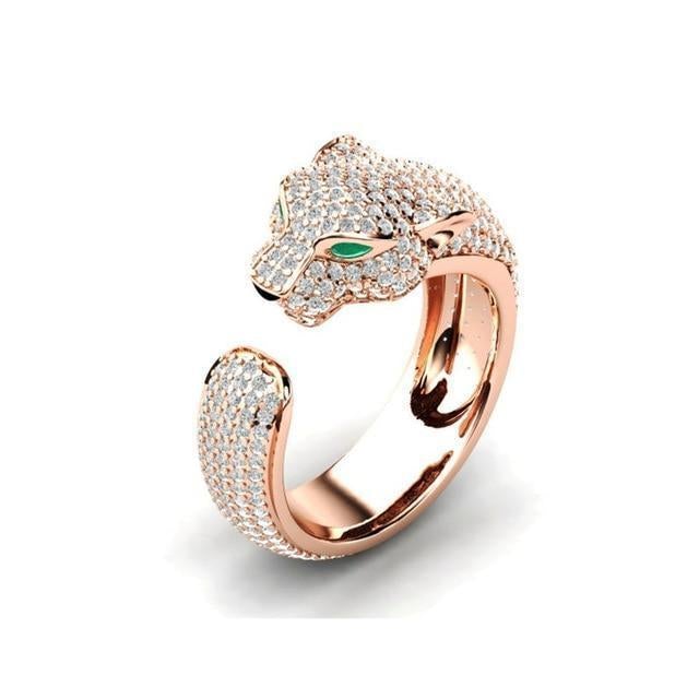 Bague Ajustable de Jaguar en Argent 18K et Or Rose avec Yeux en Zirconia Vert