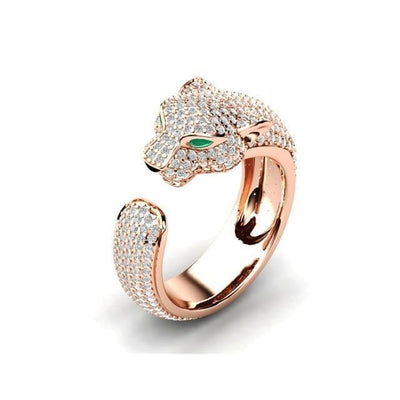 Bague Ajustable de Jaguar en Argent 18K et Or Rose avec Yeux en Zirconia Vert